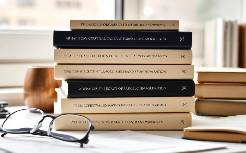 A stack of academic monographs on a desk