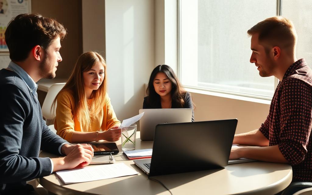 Early career researchers in discussion at a seminar table