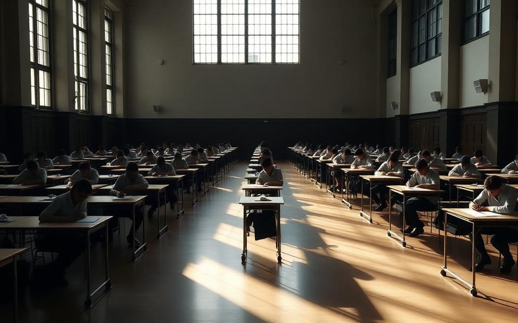 A large examination hall with rows of desks