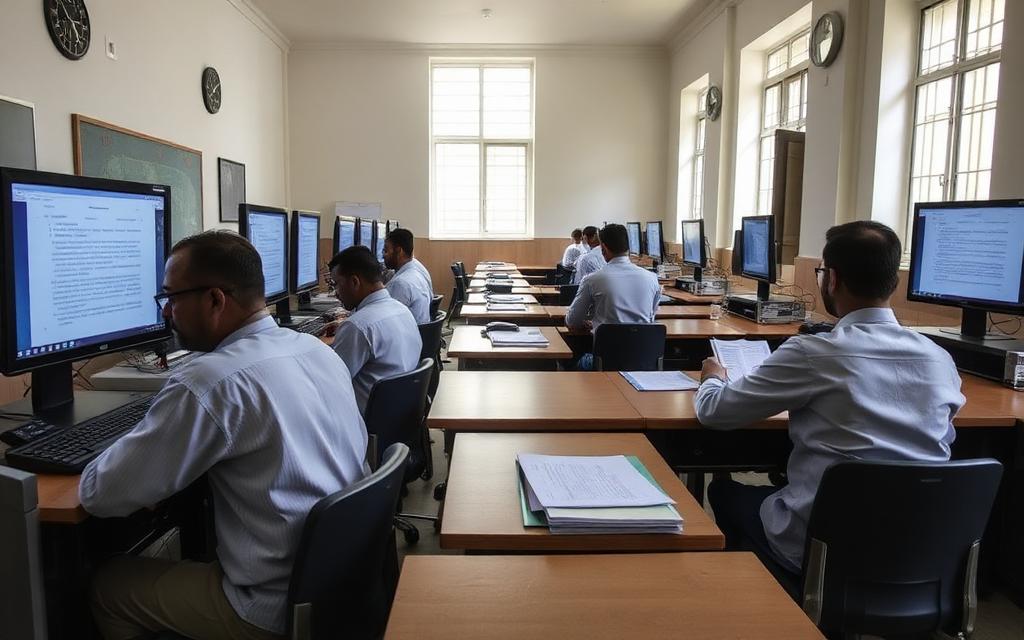 Examiners reviewing scripts in a marking centre
