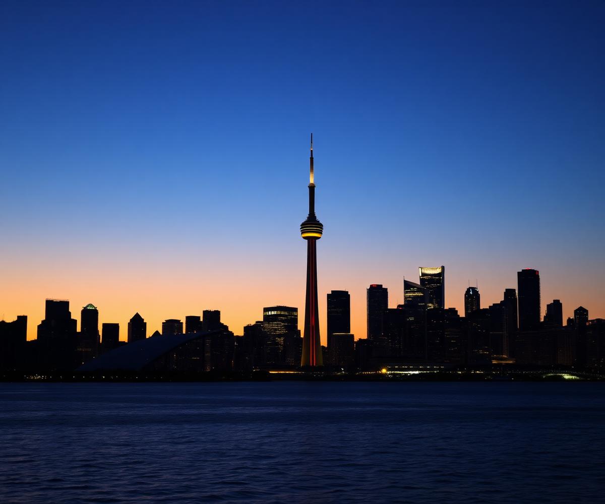 The Toronto skyline at dusk across the lake
